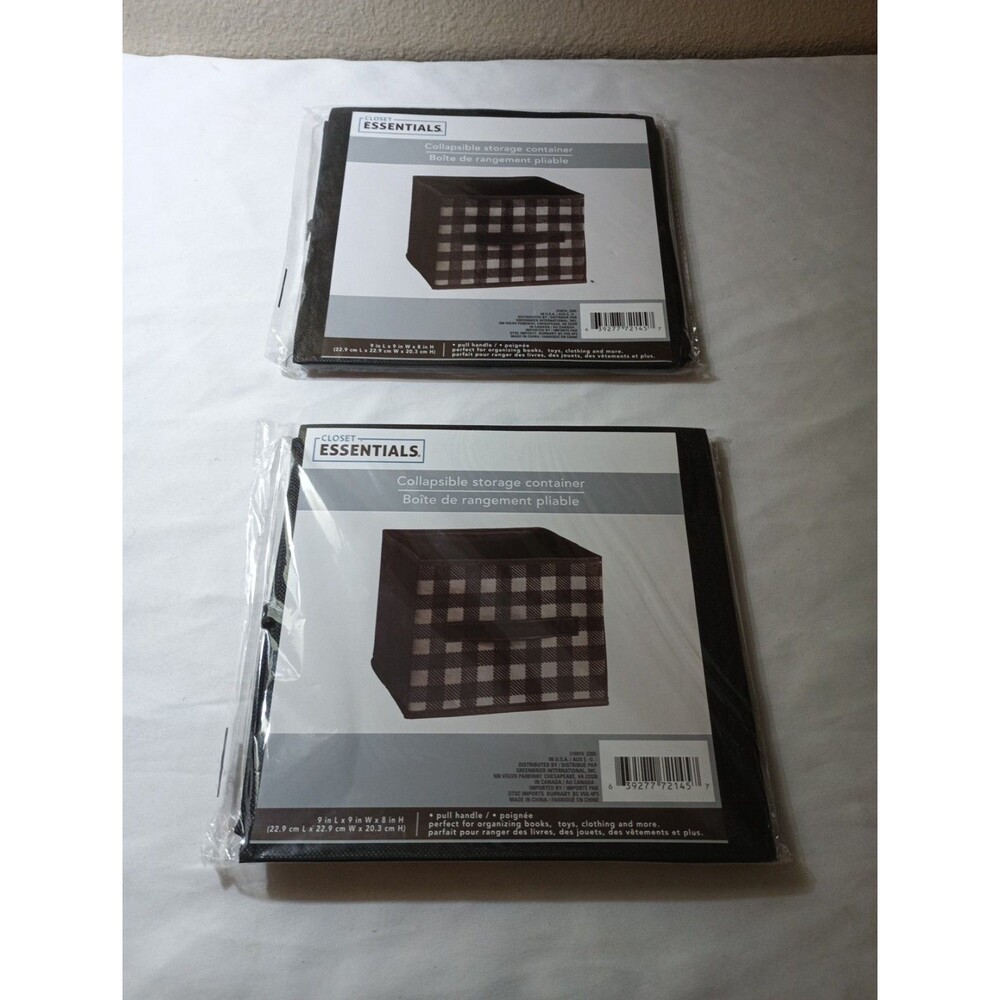 2 Essentials collapsible storage containers black white checkered 9x9x8